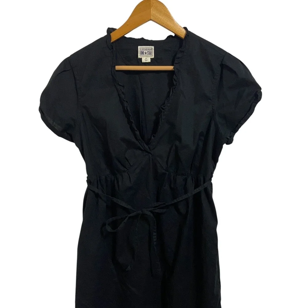 Converse One Star Black Short Sleeve Wrap Dress Ruffle‎ Trim Tie Waist Edgy M